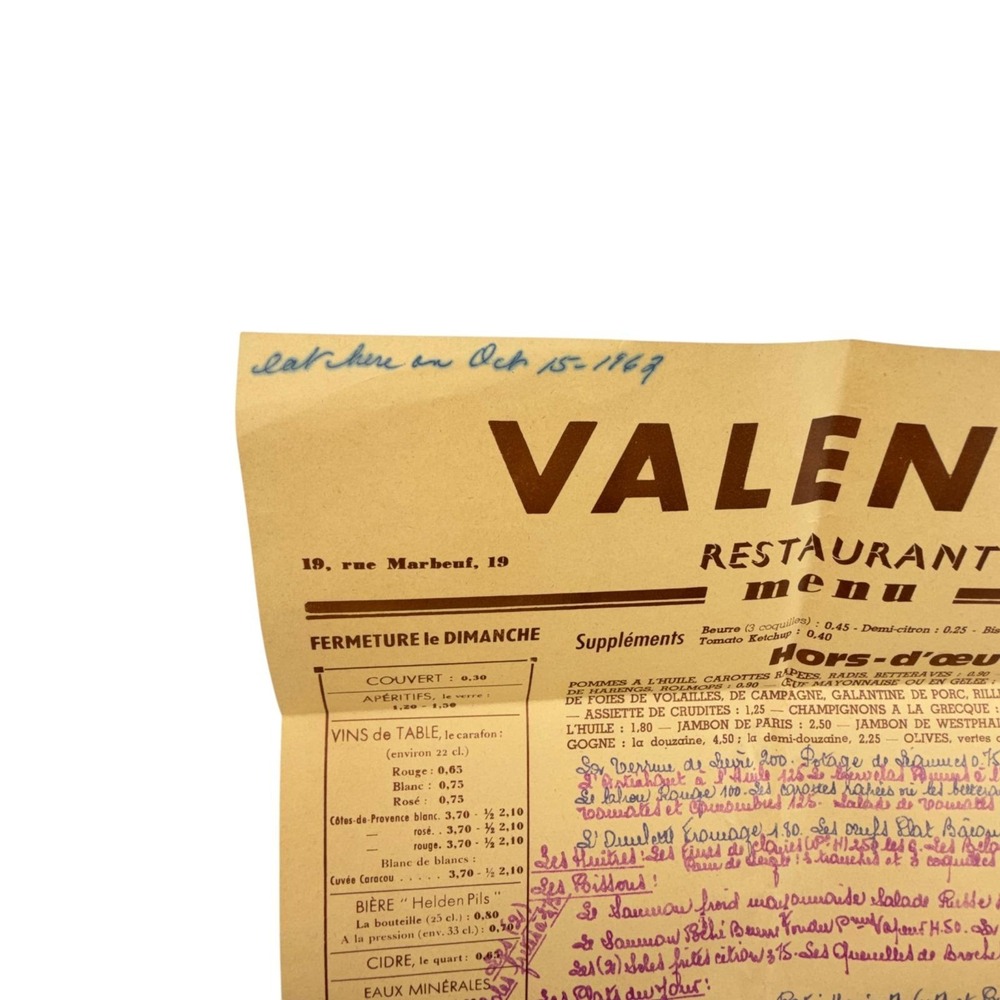 Vintage French Menu Valentin Restaurant 1962 Paris France Rue Marbeuf 1960's - Picture 2 of 6
